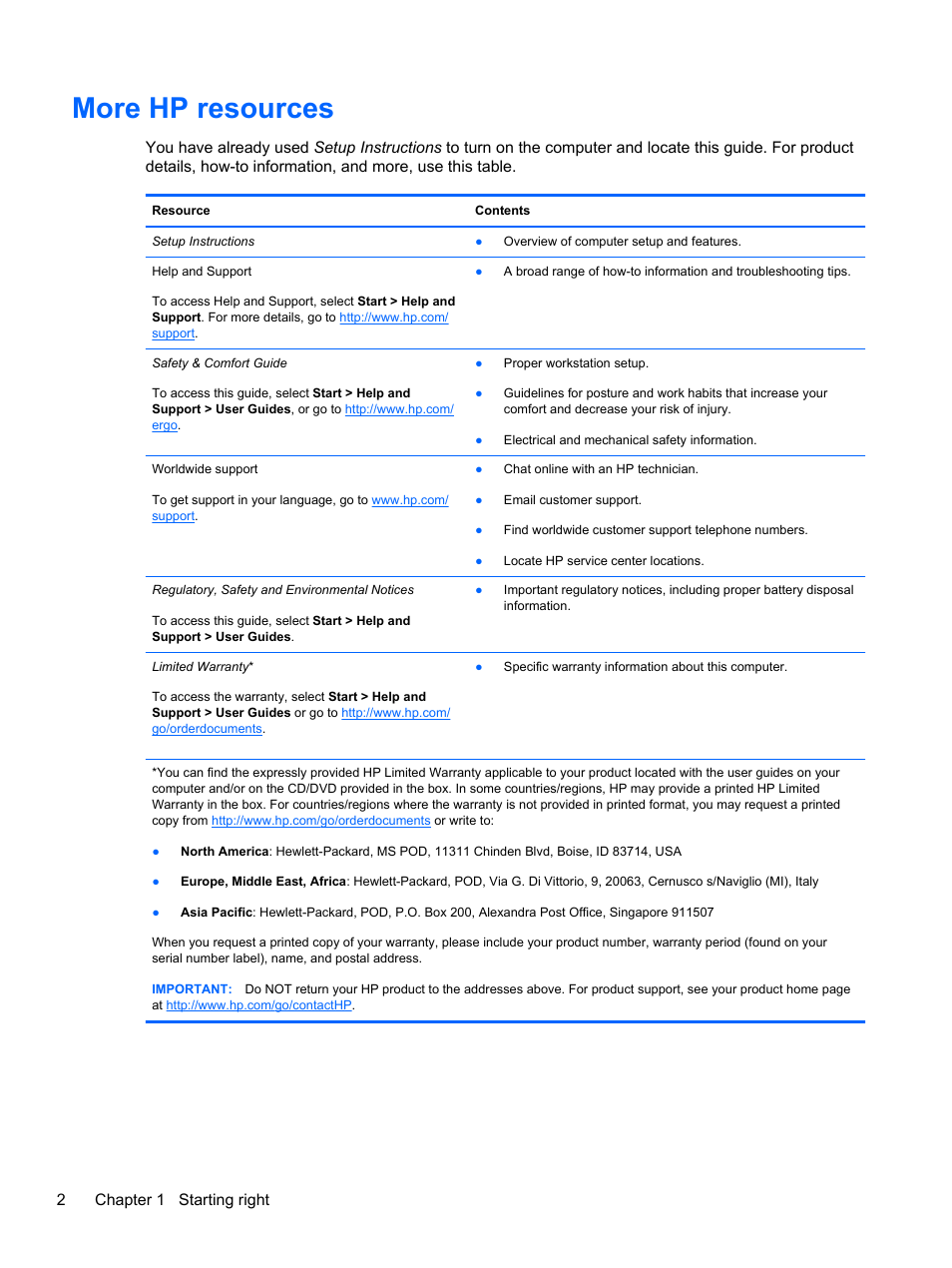 More hp resources, 2chapter 1 starting right | HP Pavilion dv6-7010us Entertainment Notebook PC User Manual | Page 12 / 104