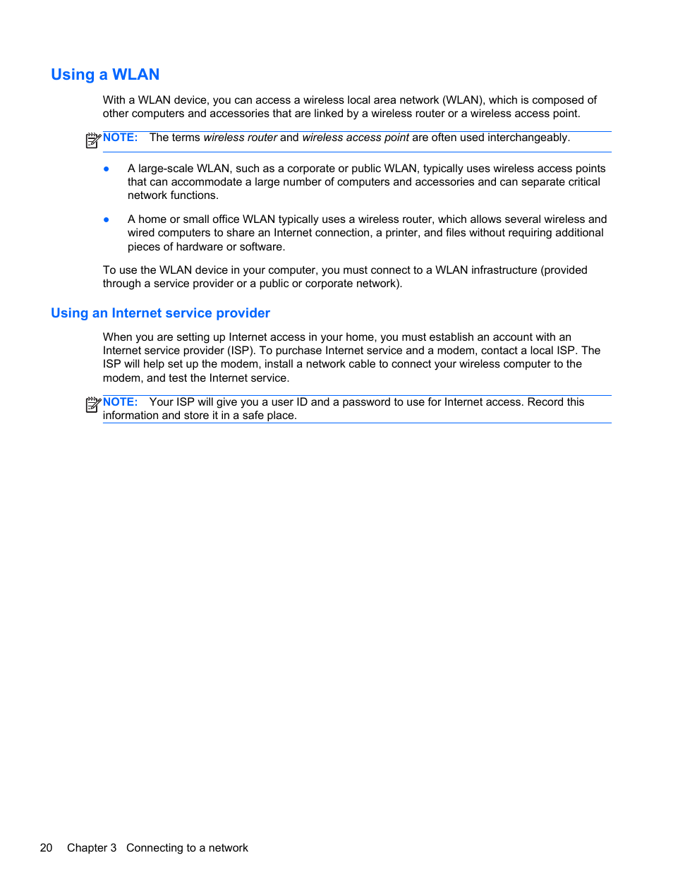 Using a wlan, Using an internet service provider | HP Pavilion dv6-7010us Entertainment Notebook PC User Manual | Page 30 / 104