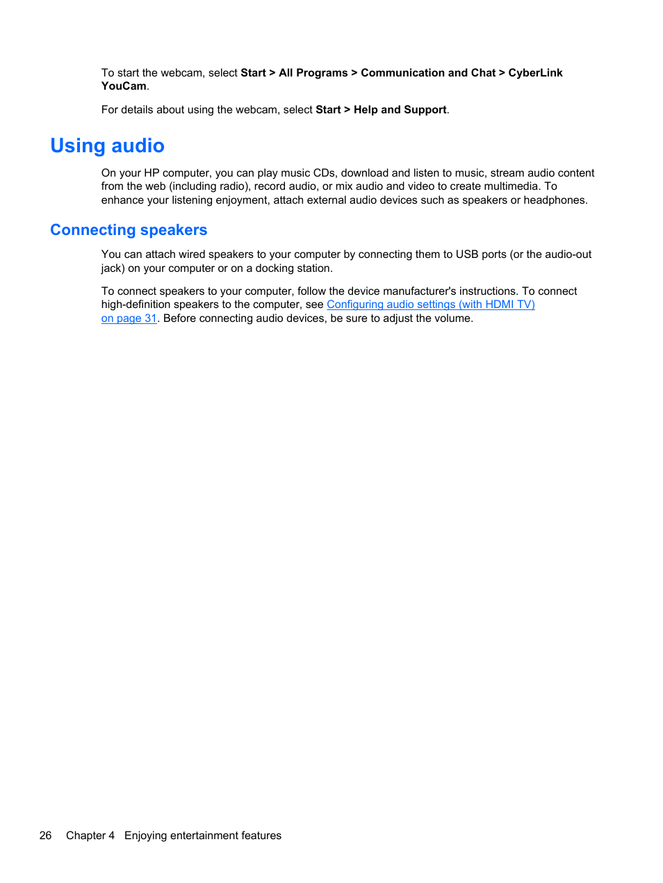 Using audio, Connecting speakers, Using | HP Pavilion dv6-7010us Entertainment Notebook PC User Manual | Page 36 / 104