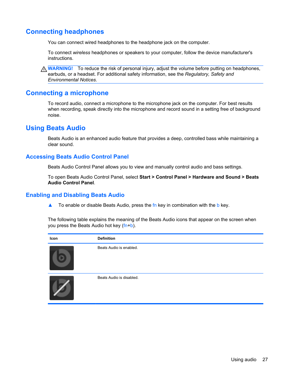 Connecting headphones, Connecting a microphone, Using beats audio | Accessing beats audio control panel, Enabling and disabling beats audio | HP Pavilion dv6-7010us Entertainment Notebook PC User Manual | Page 37 / 104