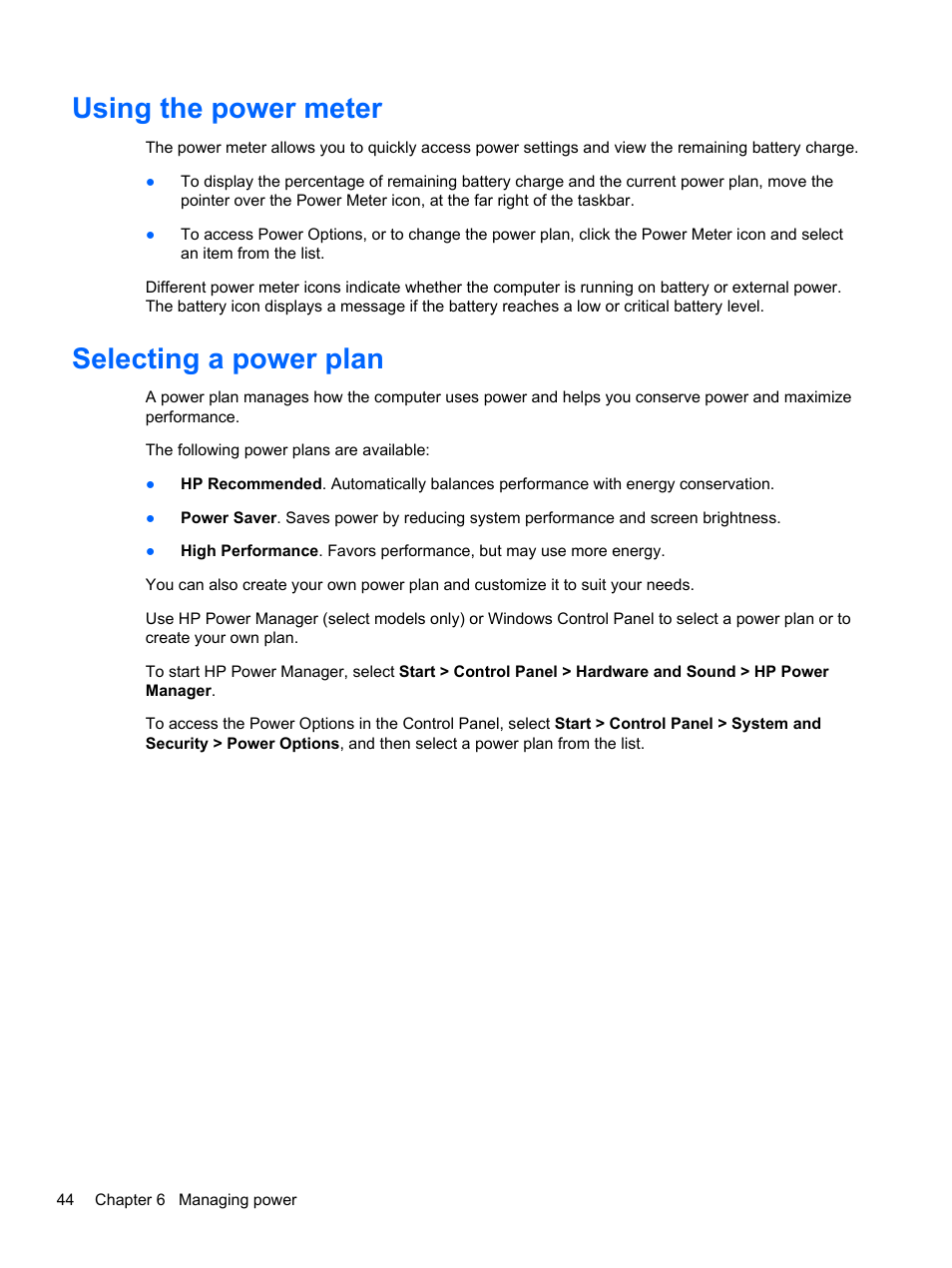 Using the power meter, Selecting a power plan, Using the power meter selecting a power plan | HP Pavilion dv6-7010us Entertainment Notebook PC User Manual | Page 54 / 104