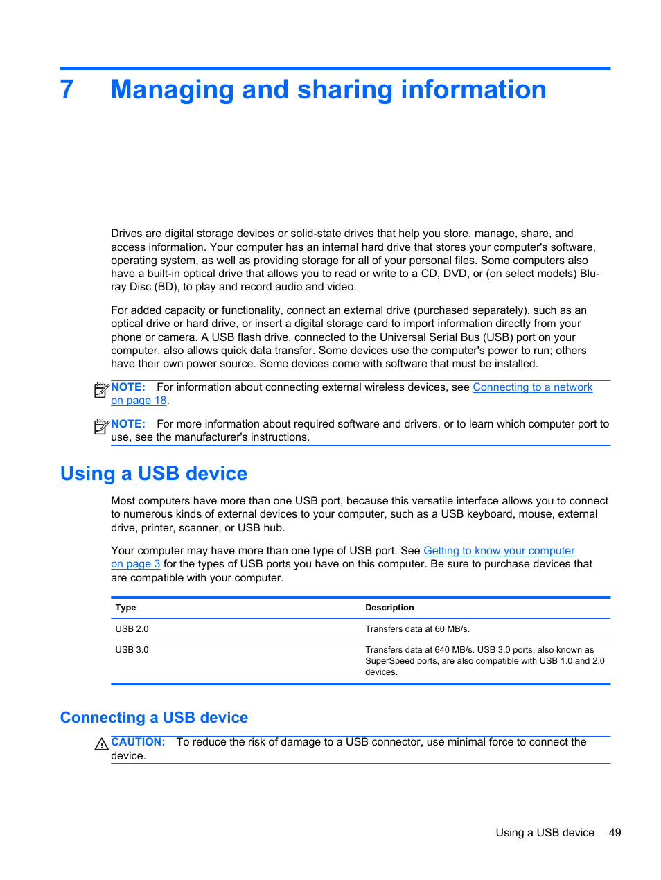 Managing and sharing information, Using a usb device, Connecting a usb device | 7 managing and sharing information, 7managing and sharing information | HP Pavilion dv6-7010us Entertainment Notebook PC User Manual | Page 59 / 104