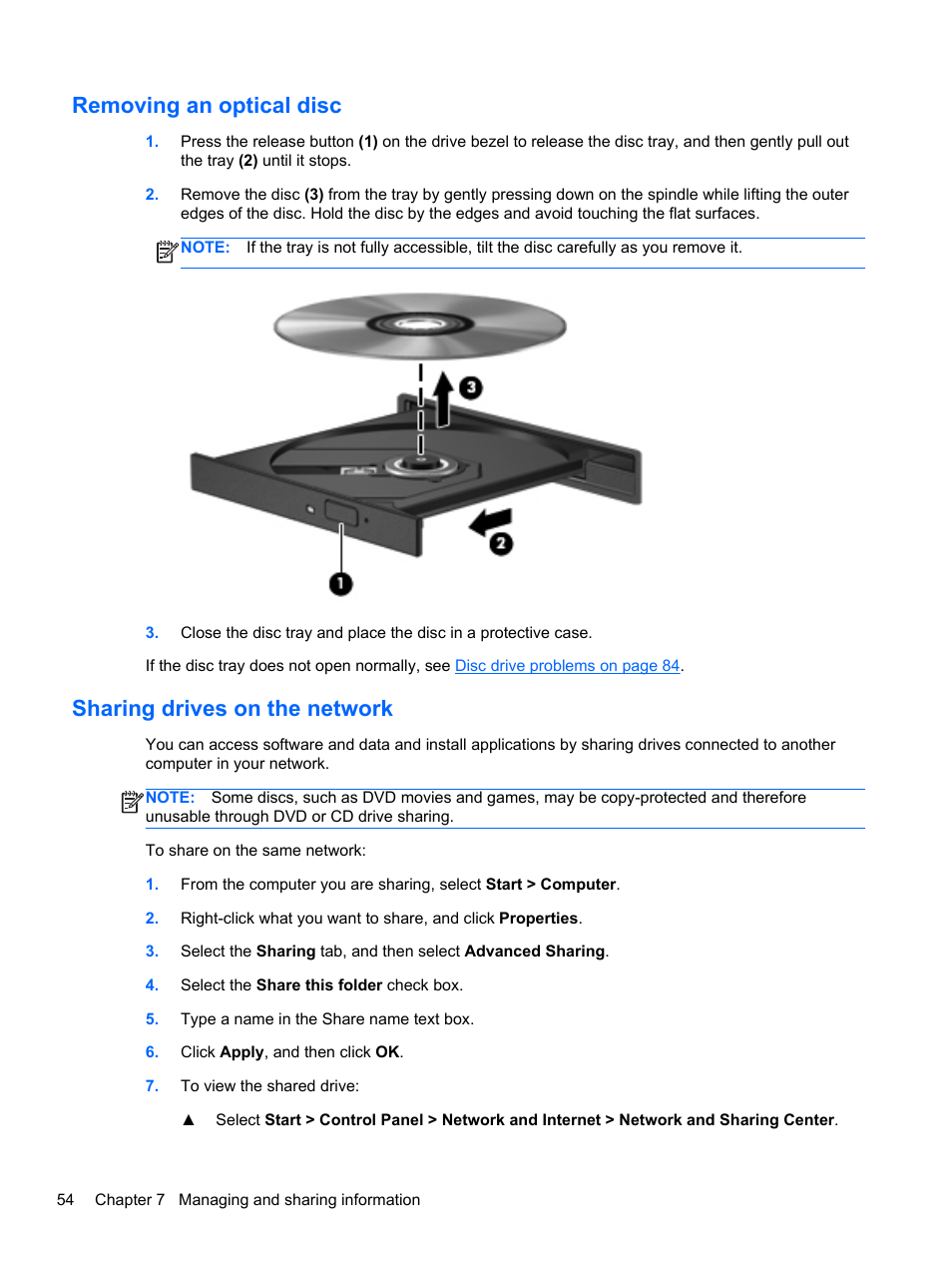Removing an optical disc, Sharing drives on the network | HP Pavilion dv6-7010us Entertainment Notebook PC User Manual | Page 64 / 104