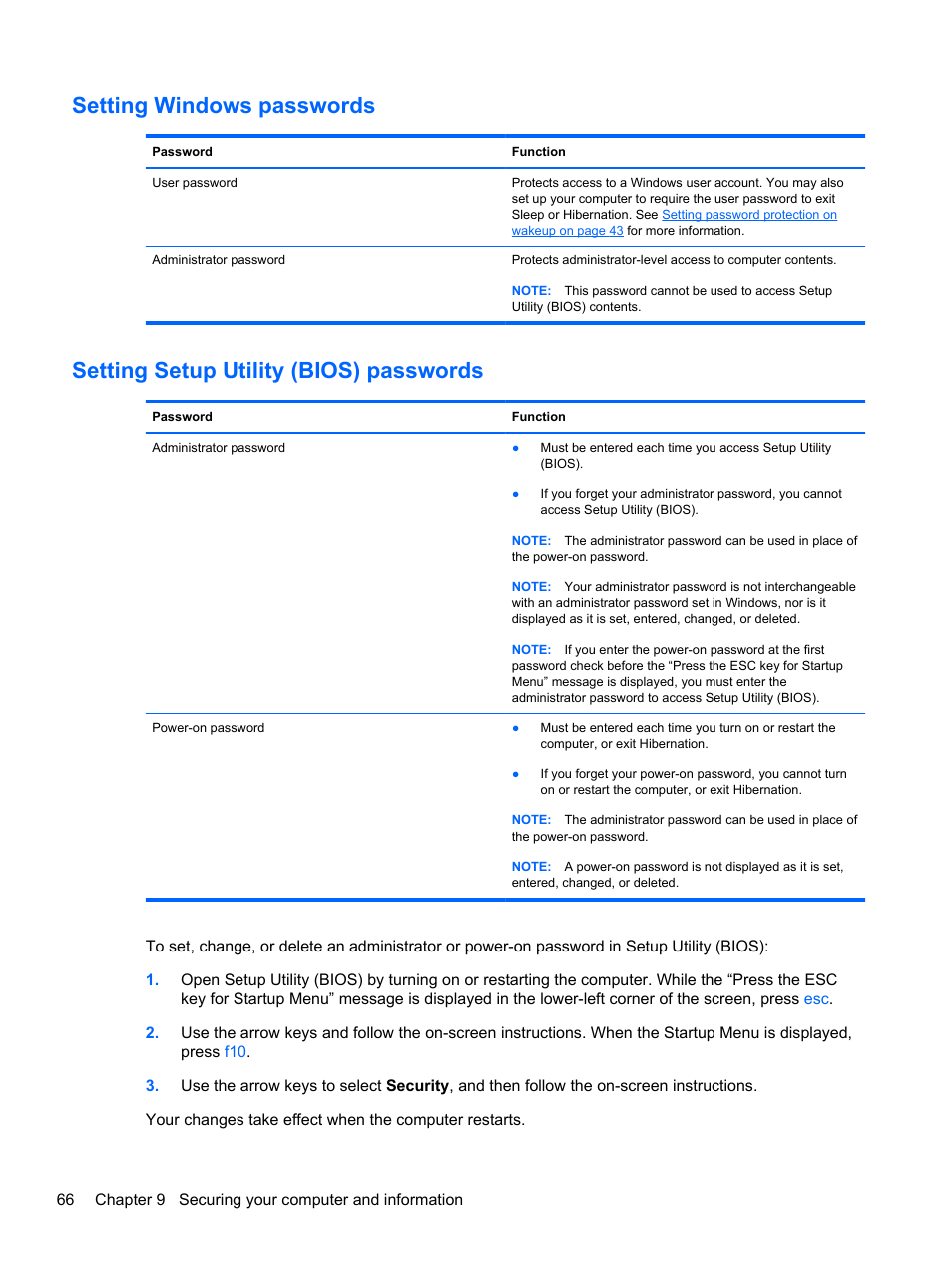 Setting windows passwords, Setting setup utility (bios) passwords | HP Pavilion dv6-7010us Entertainment Notebook PC User Manual | Page 76 / 104