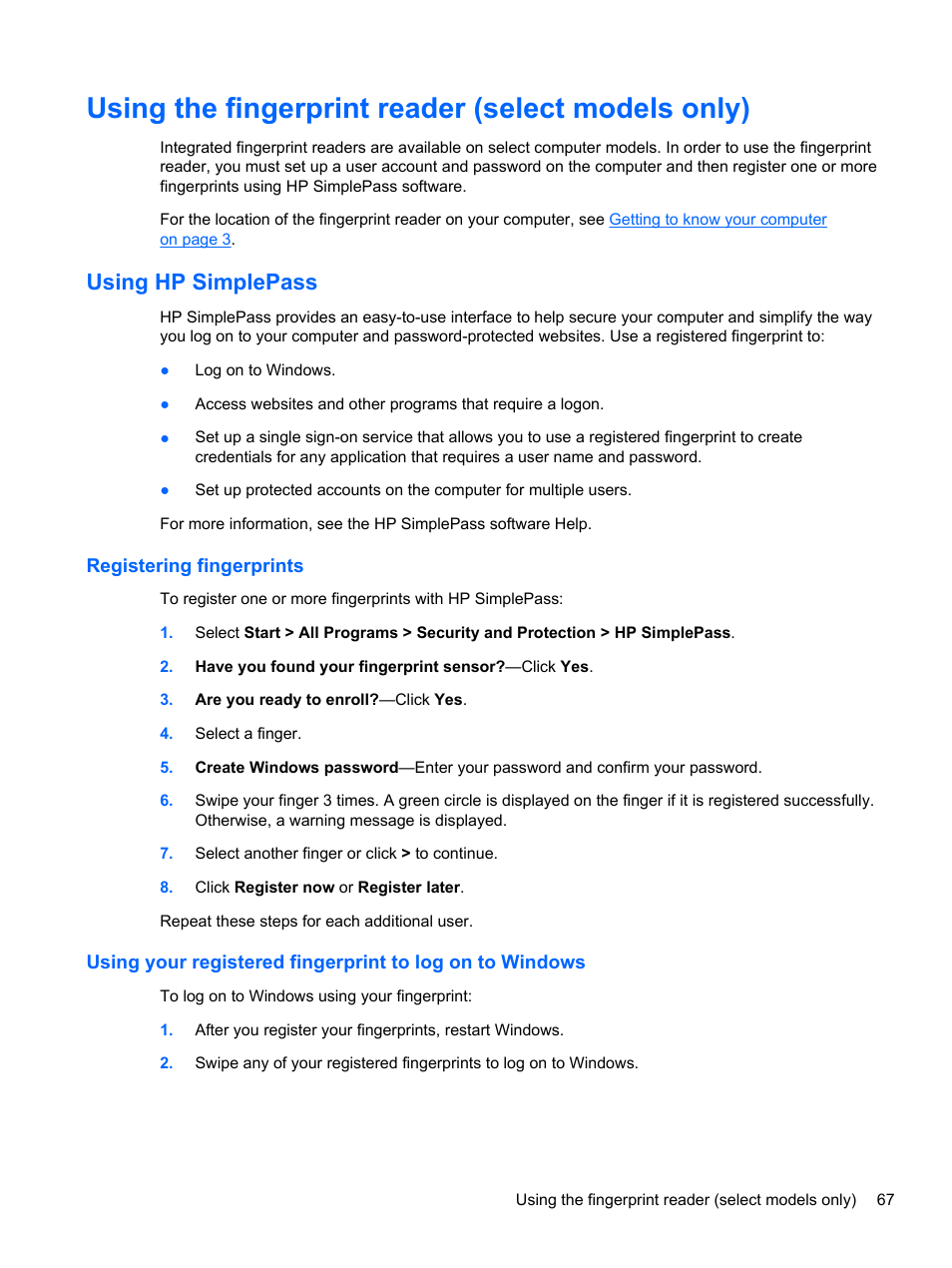 Using the fingerprint reader (select models only), Using hp simplepass, Registering fingerprints | HP Pavilion dv6-7010us Entertainment Notebook PC User Manual | Page 77 / 104