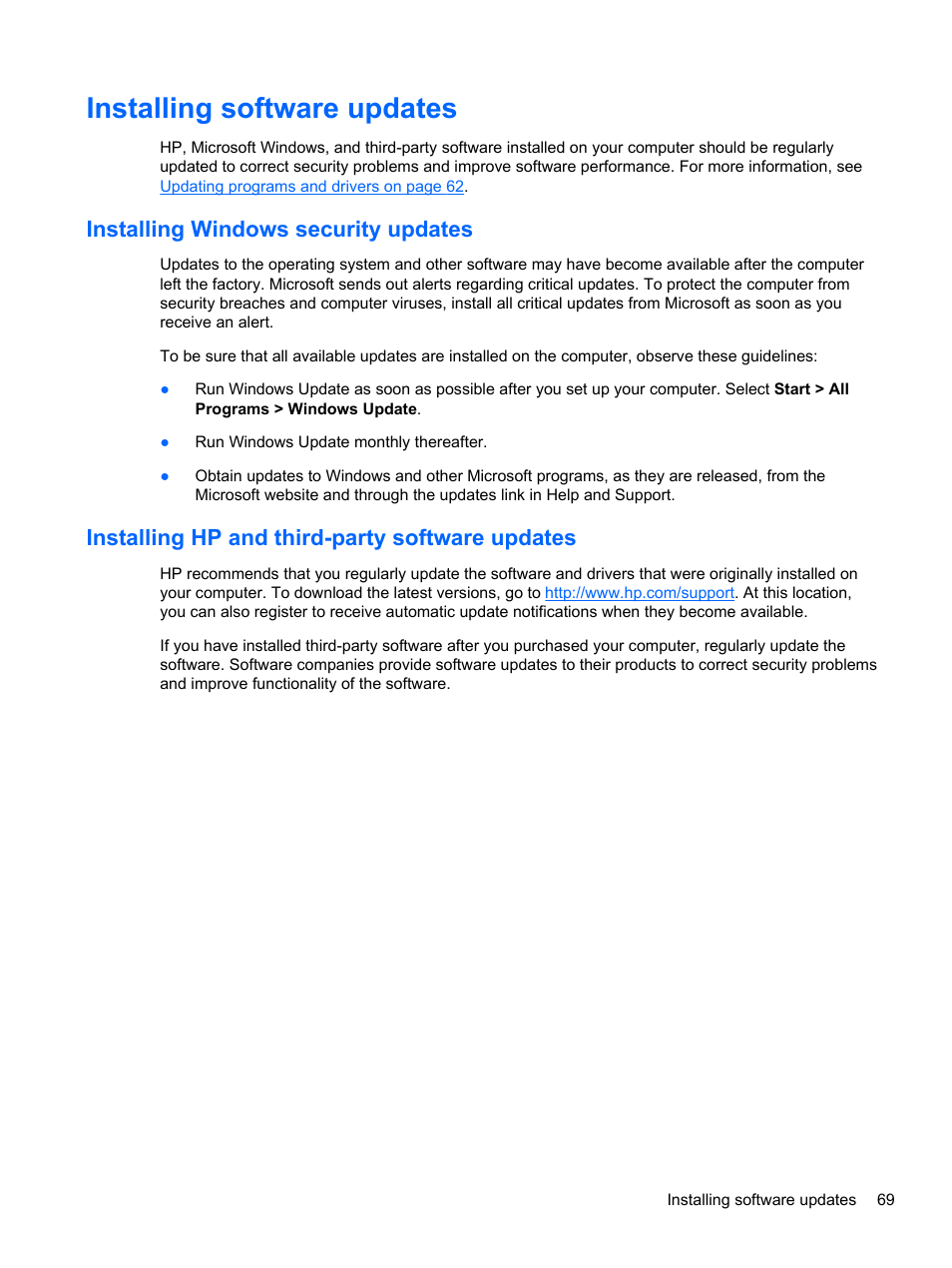 Installing software updates, Installing windows security updates, Installing hp and third-party software updates | HP Pavilion dv6-7010us Entertainment Notebook PC User Manual | Page 79 / 104