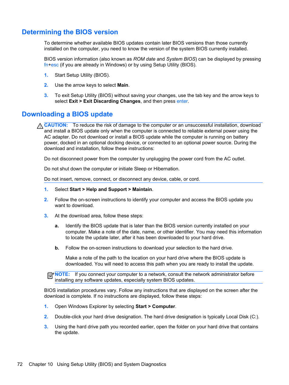 Determining the bios version, Downloading a bios update | HP Pavilion dv6-7010us Entertainment Notebook PC User Manual | Page 82 / 104