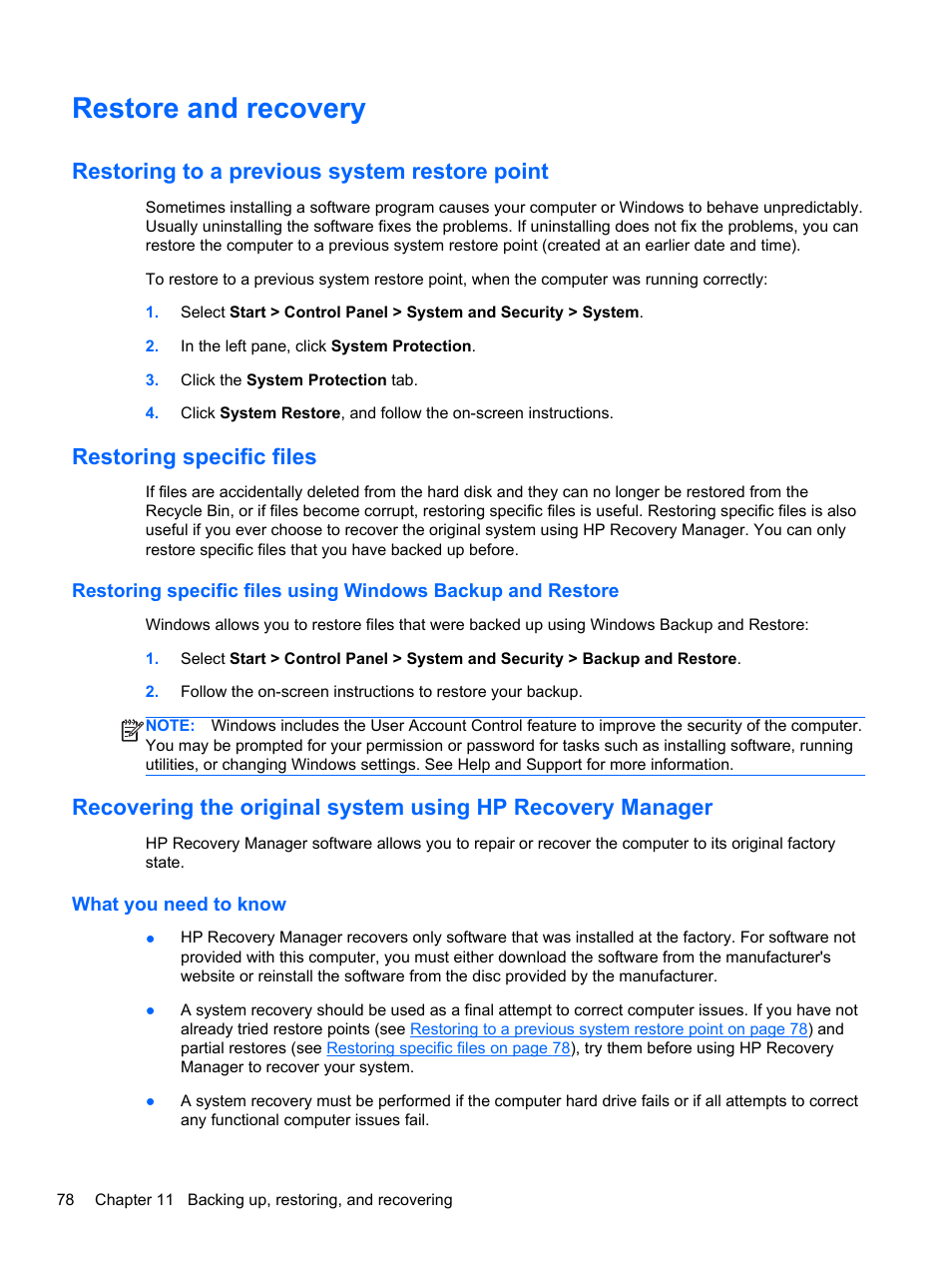 Restore and recovery, Restoring to a previous system restore point, Restoring specific files | What you need to know | HP Pavilion dv6-7010us Entertainment Notebook PC User Manual | Page 88 / 104