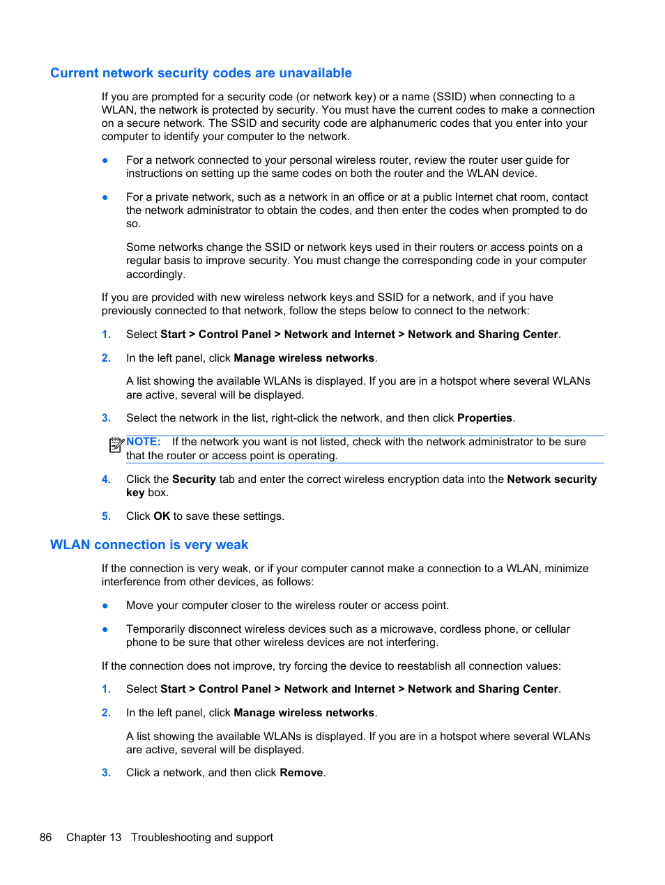 Current network security codes are unavailable, Wlan connection is very weak | HP Pavilion dv6-7010us Entertainment Notebook PC User Manual | Page 96 / 104