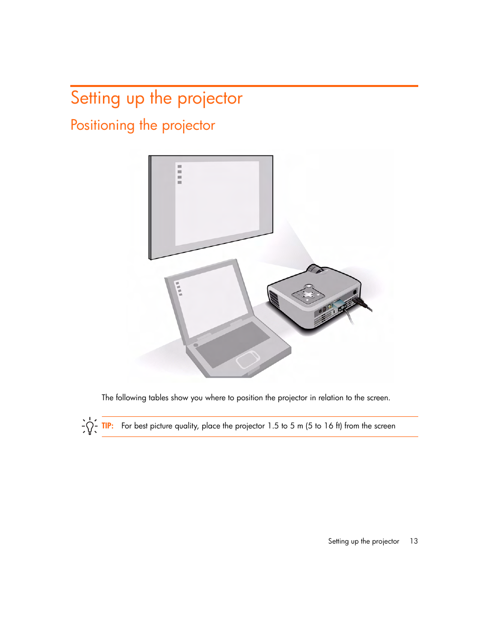 Setting up the projector, Positioning the projector | HP mp2220 Digital Projector User Manual | Page 13 / 64