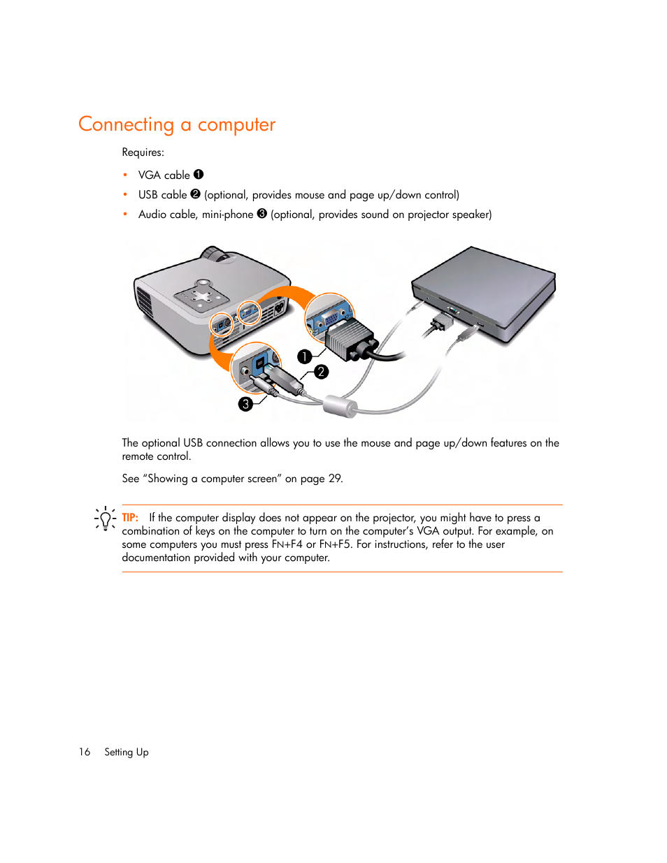 Connecting a computer | HP mp2220 Digital Projector User Manual | Page 16 / 64