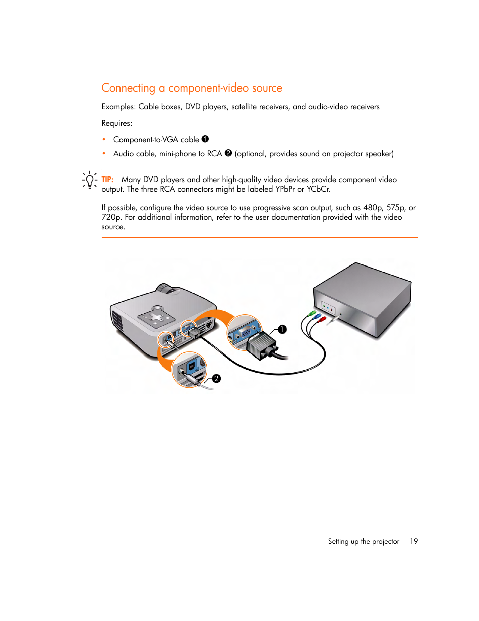 Connecting a component-video source | HP mp2220 Digital Projector User Manual | Page 19 / 64