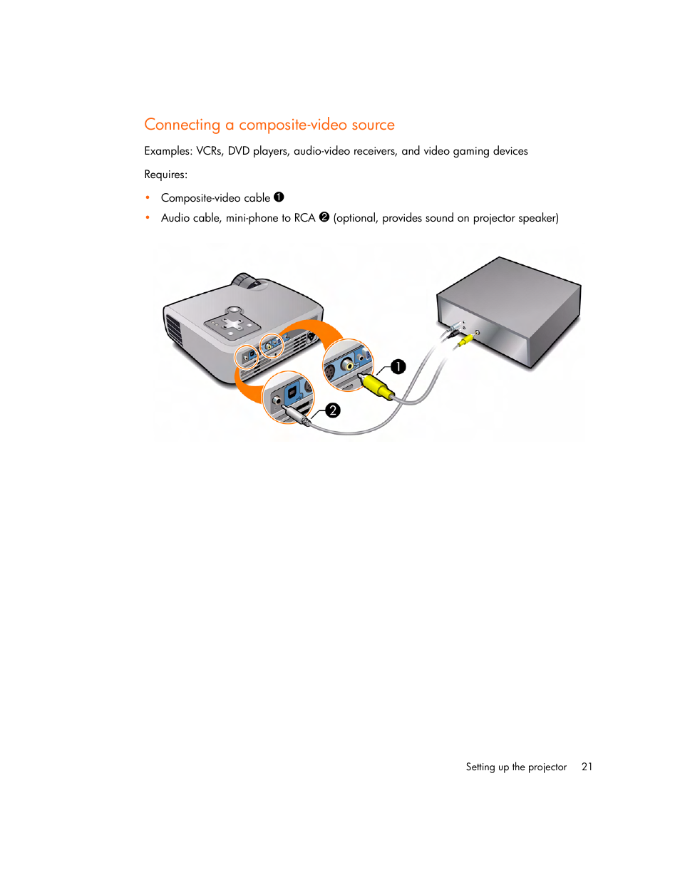 Connecting a composite-video source | HP mp2220 Digital Projector User Manual | Page 21 / 64