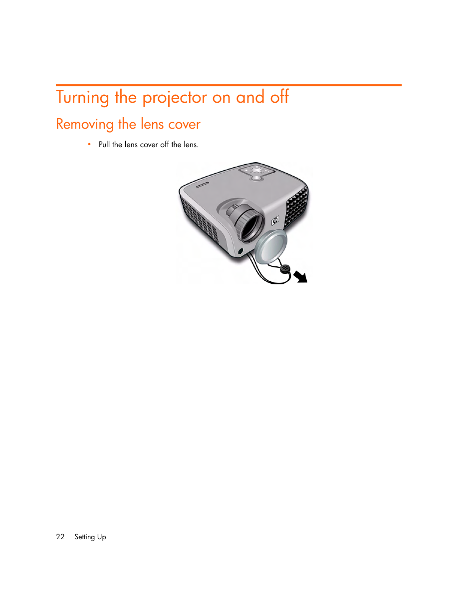 Turning the projector on and off, Removing the lens cover | HP mp2220 Digital Projector User Manual | Page 22 / 64