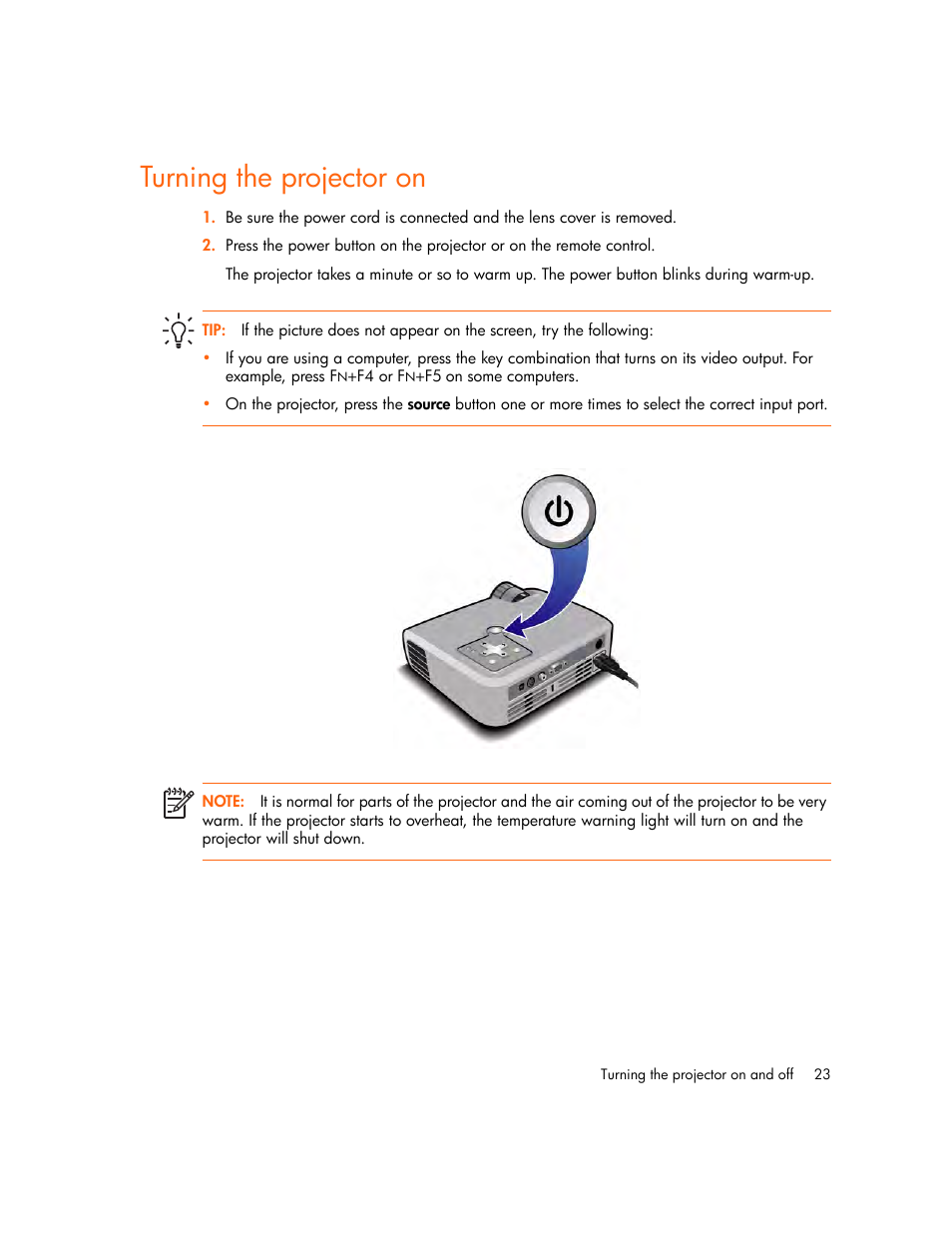 Turning the projector on | HP mp2220 Digital Projector User Manual | Page 23 / 64
