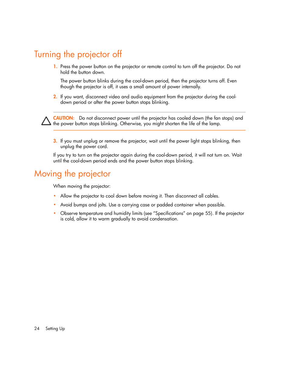 Turning the projector off, Moving the projector | HP mp2220 Digital Projector User Manual | Page 24 / 64