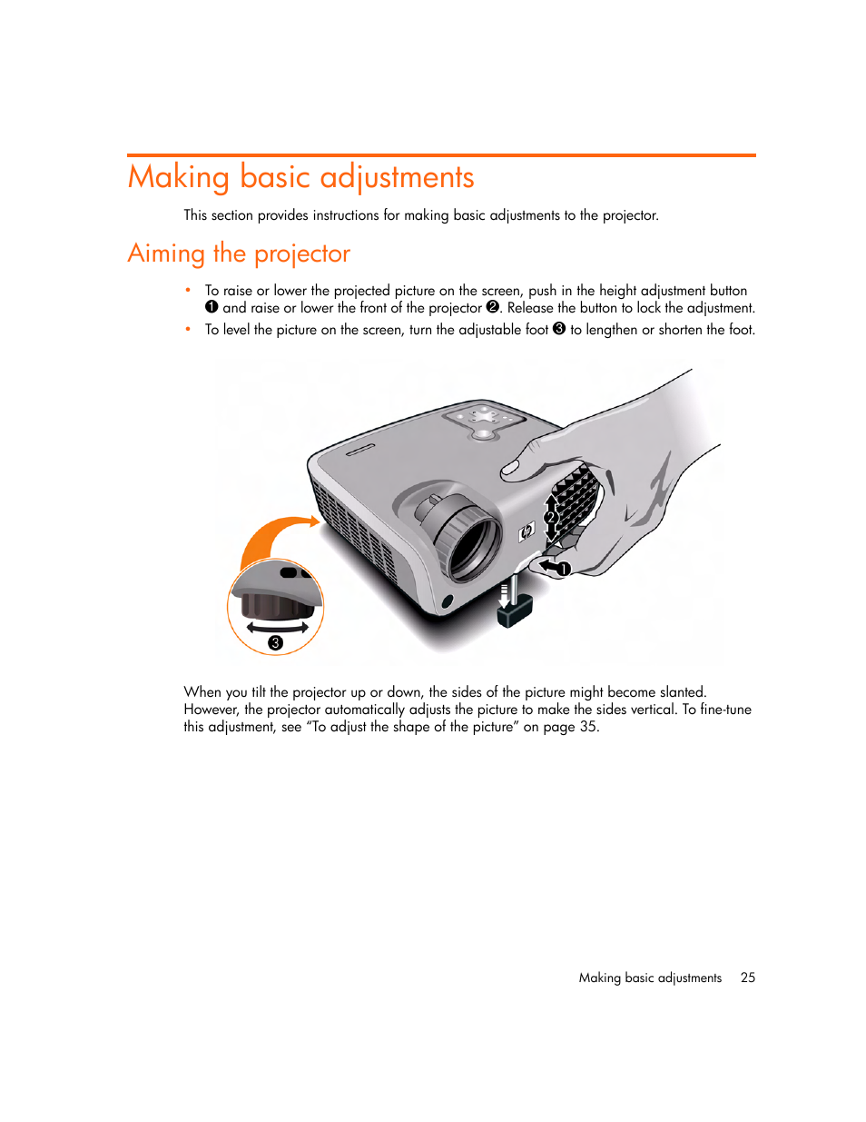 Making basic adjustments, Aiming the projector | HP mp2220 Digital Projector User Manual | Page 25 / 64