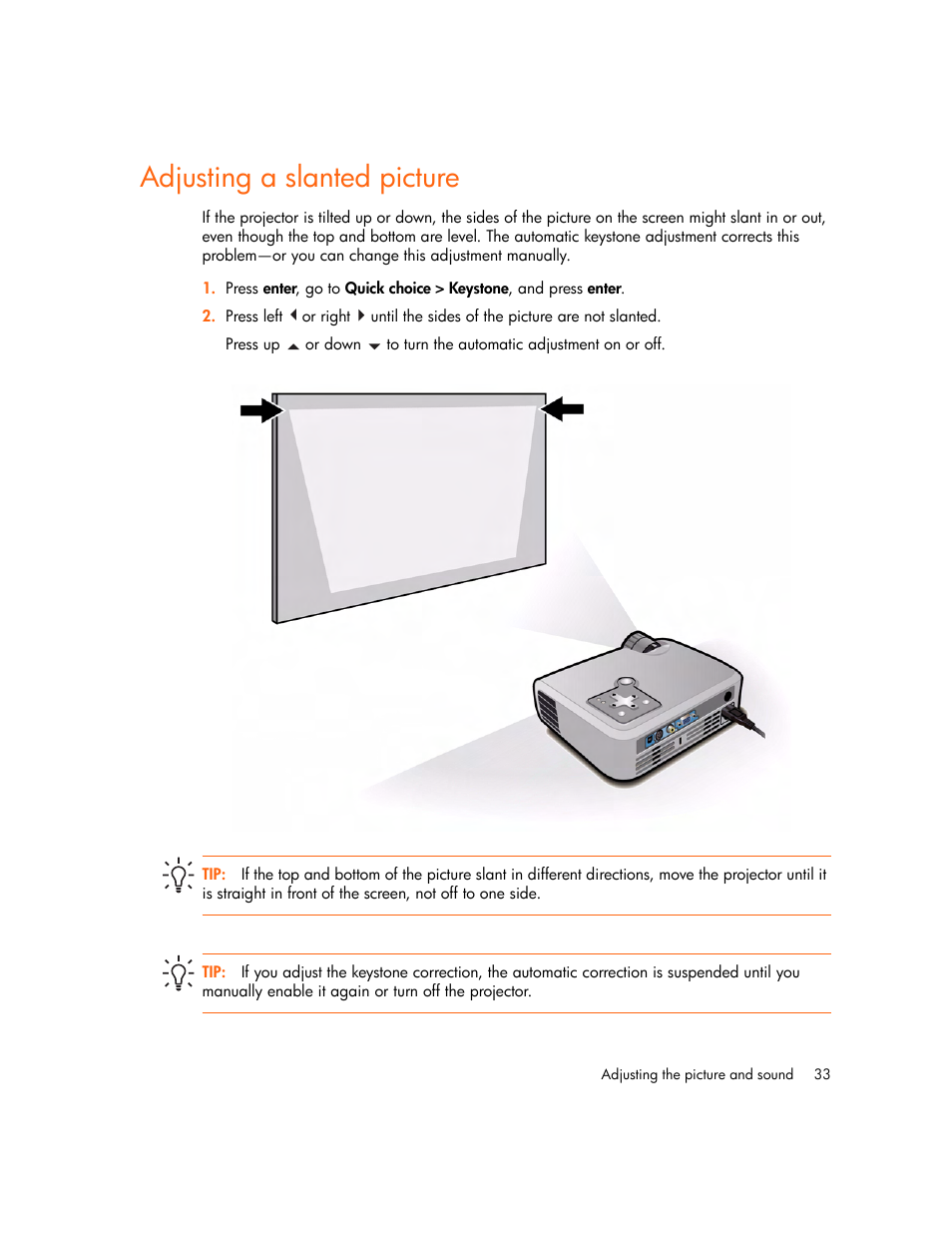 Adjusting a slanted picture | HP mp2220 Digital Projector User Manual | Page 33 / 64