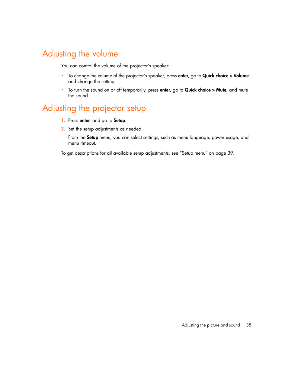 Adjusting the volume, Adjusting the projector setup | HP mp2220 Digital Projector User Manual | Page 35 / 64