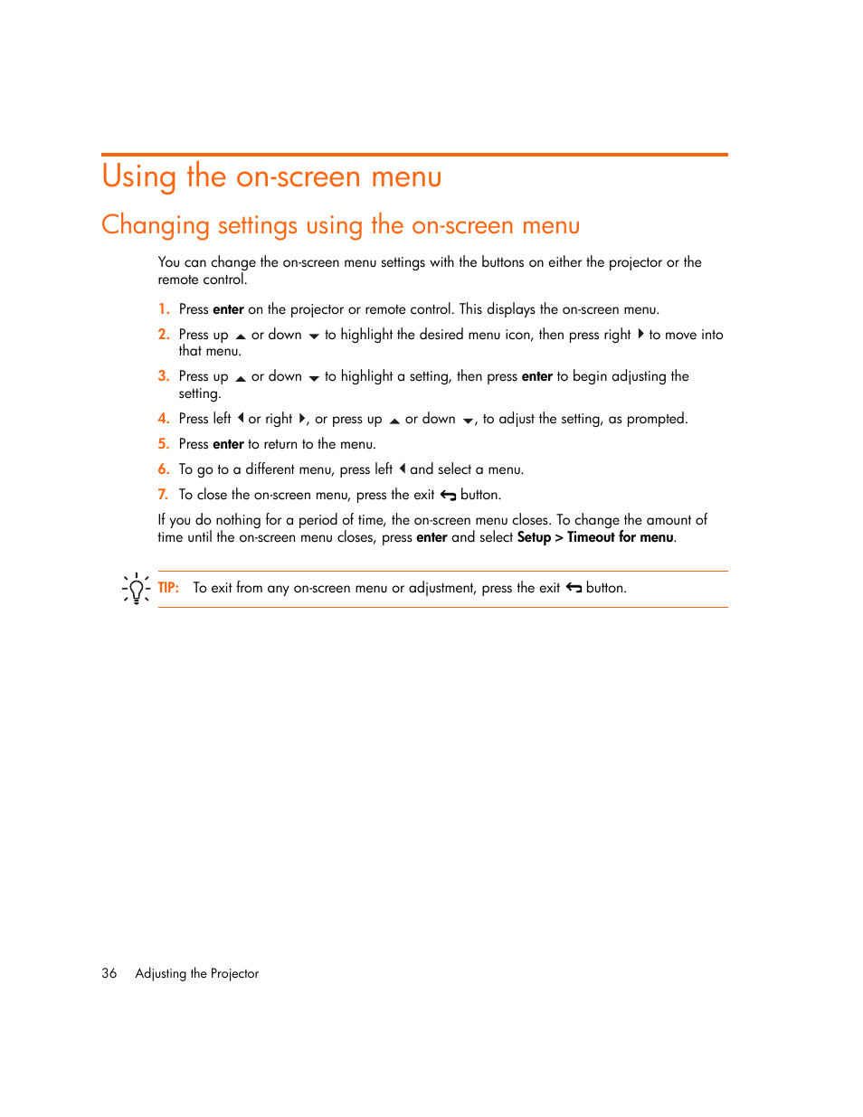 Using the on-screen menu, Changing settings using the on-screen menu | HP mp2220 Digital Projector User Manual | Page 36 / 64