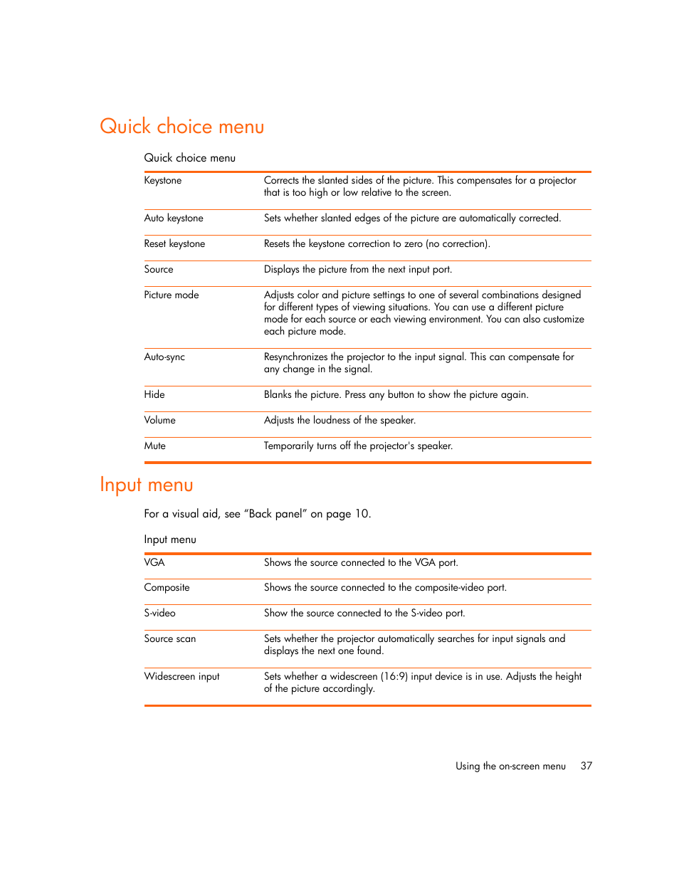 Quick choice menu, Input menu, Quick choice menu input menu | HP mp2220 Digital Projector User Manual | Page 37 / 64