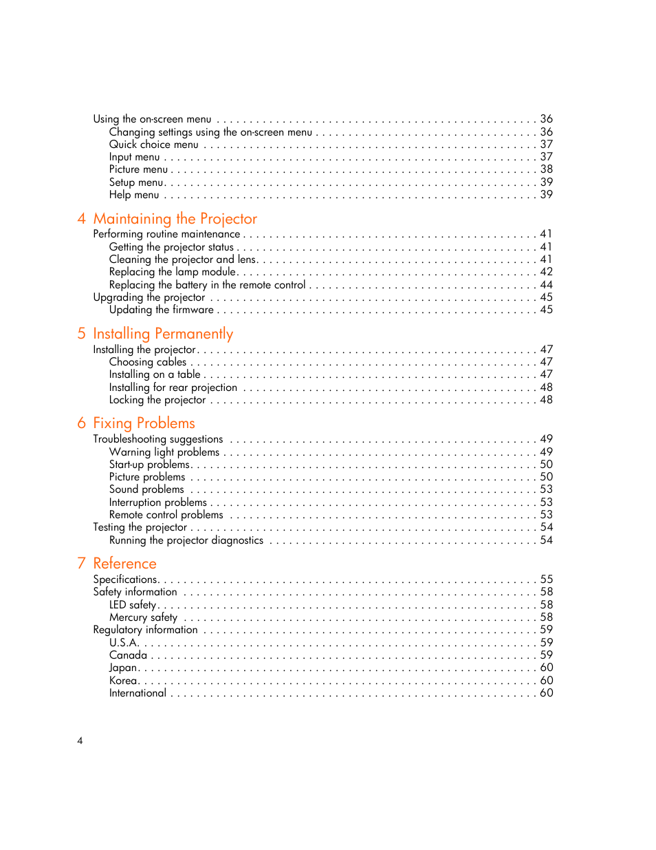 4 maintaining the projector, 5 installing permanently, 6 fixing problems | 7 reference | HP mp2220 Digital Projector User Manual | Page 4 / 64