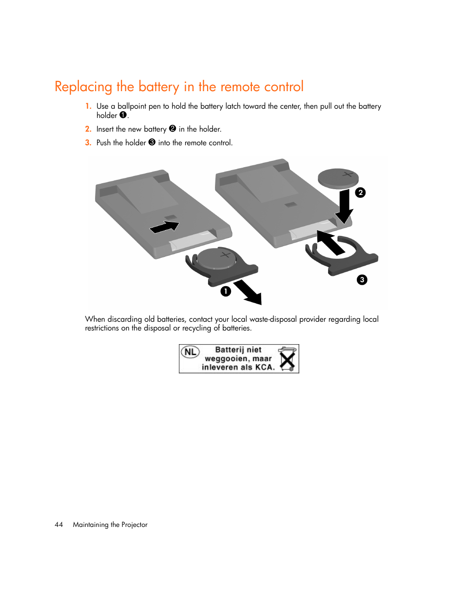 Replacing the battery in the remote control | HP mp2220 Digital Projector User Manual | Page 44 / 64