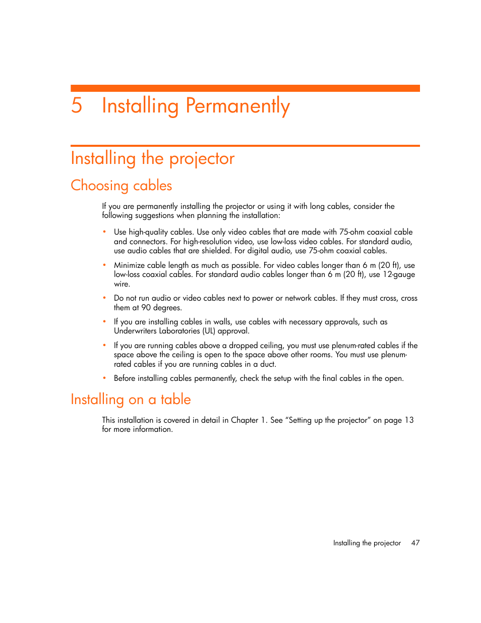Installing permanently, Installing the projector, Choosing cables | Installing on a table, 5 installing permanently | HP mp2220 Digital Projector User Manual | Page 47 / 64