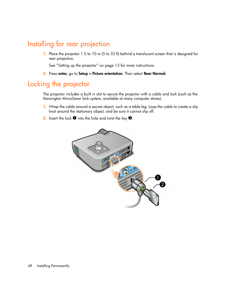 Installing for rear projection, Locking the projector | HP mp2220 Digital Projector User Manual | Page 48 / 64