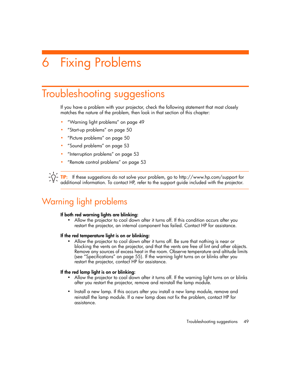 Fixing problems, Troubleshooting suggestions, Warning light problems | 6 fixing problems | HP mp2220 Digital Projector User Manual | Page 49 / 64