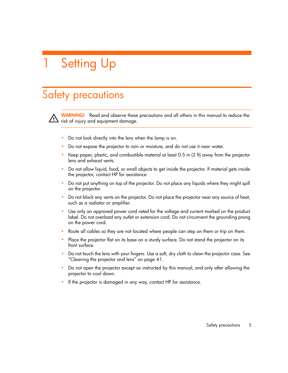 Setting up, Safety precautions, 1 setting up | HP mp2220 Digital Projector User Manual | Page 5 / 64