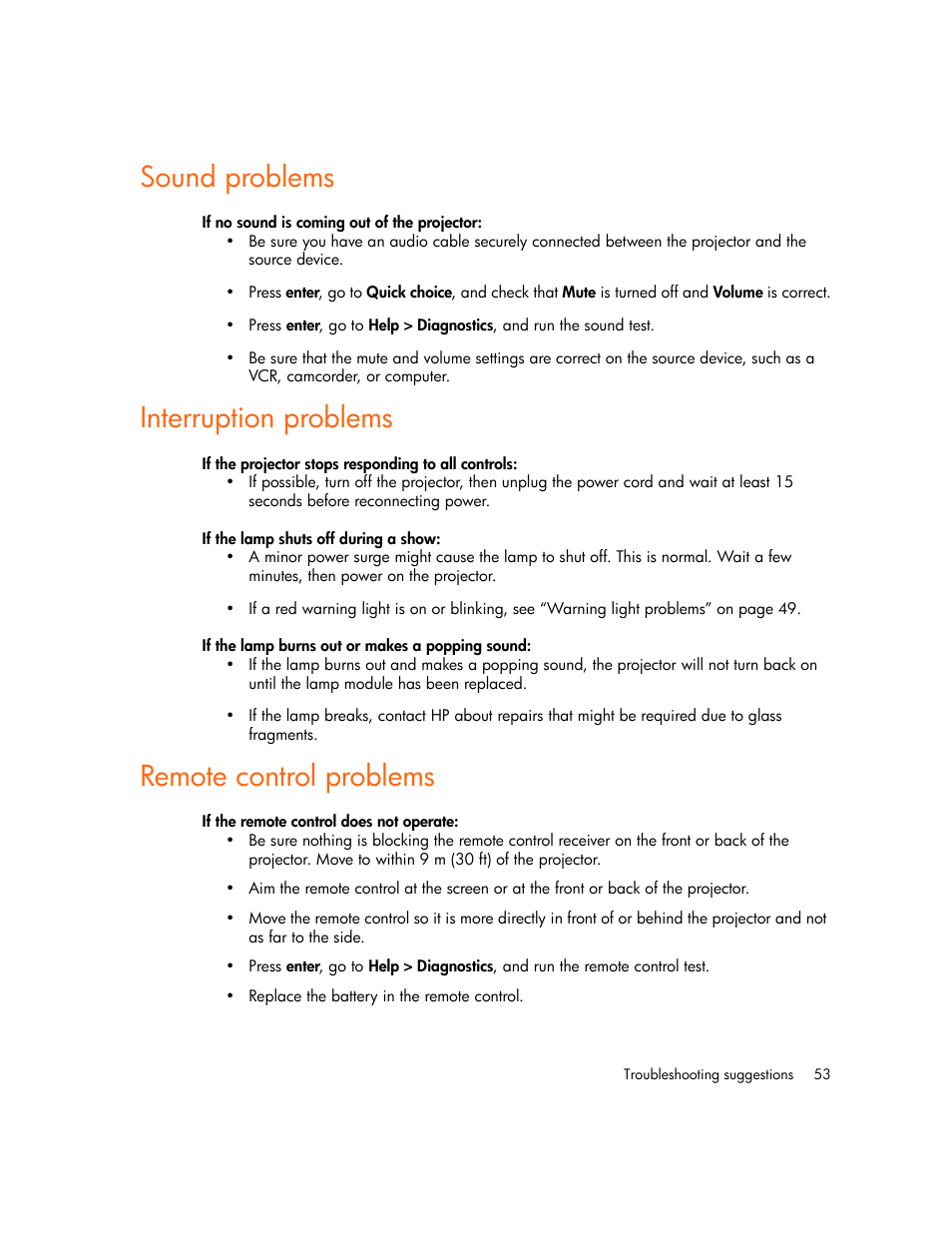 Sound problems, Interruption problems, Remote control problems | HP mp2220 Digital Projector User Manual | Page 53 / 64