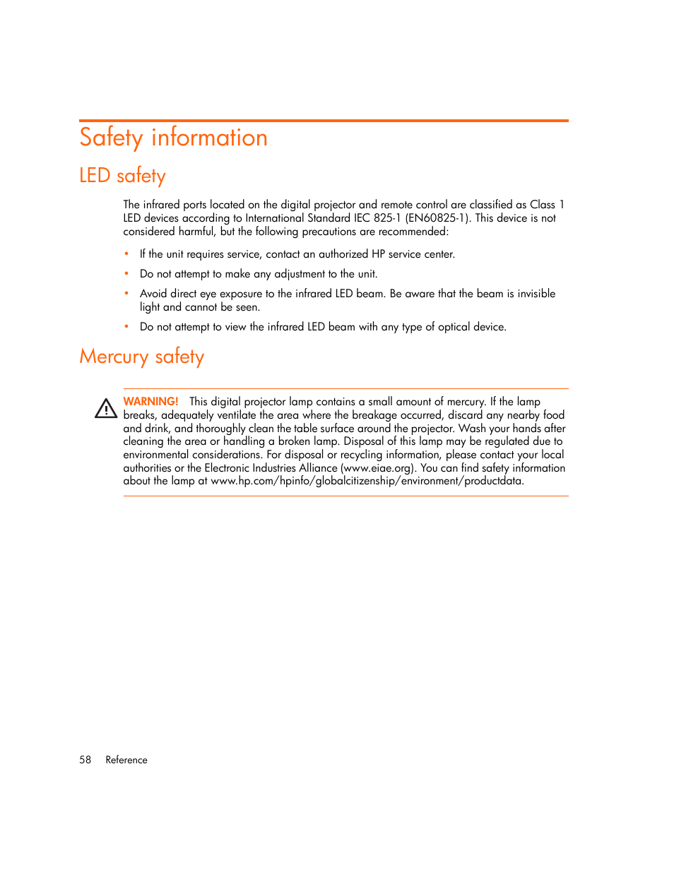 Safety information, Led safety, Mercury safety | HP mp2220 Digital Projector User Manual | Page 58 / 64
