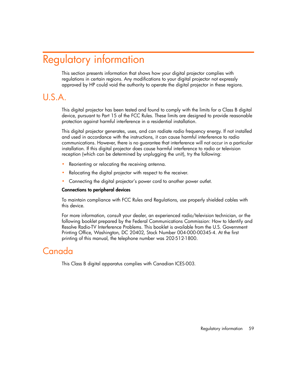 Regulatory information, U.s.a, Canada | HP mp2220 Digital Projector User Manual | Page 59 / 64