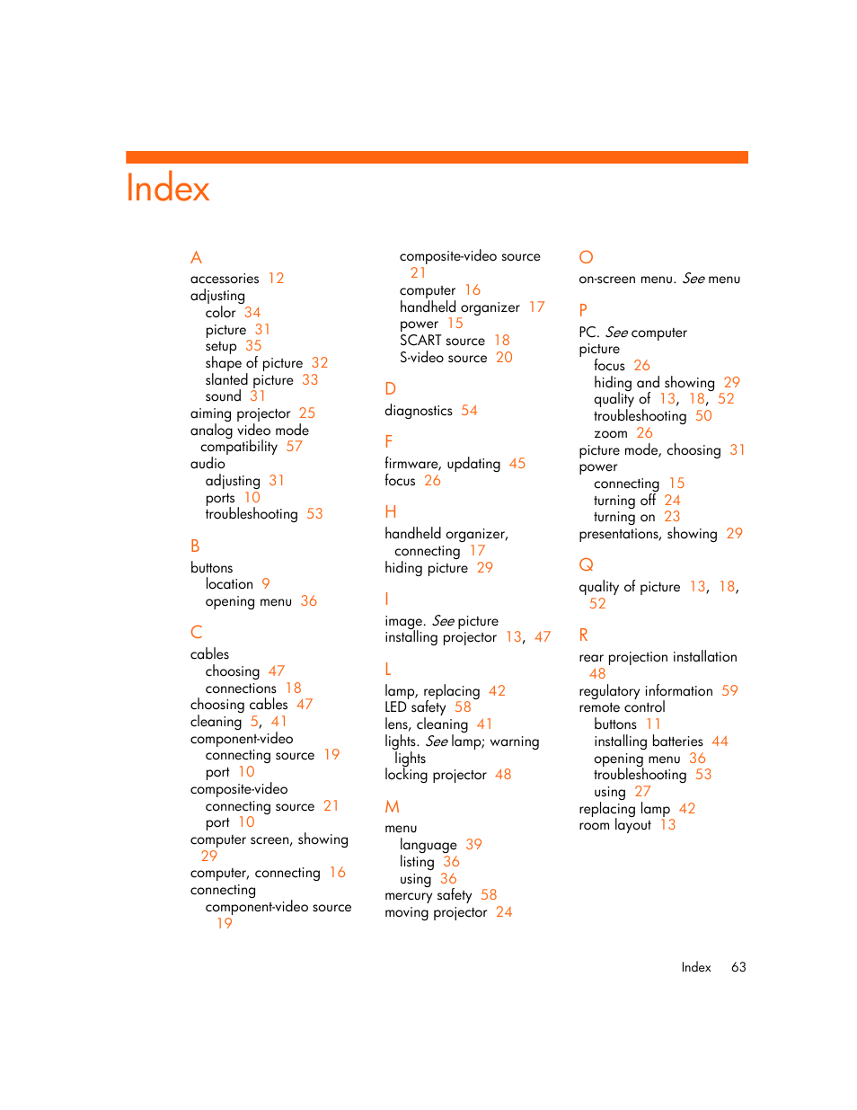 Index | HP mp2220 Digital Projector User Manual | Page 63 / 64