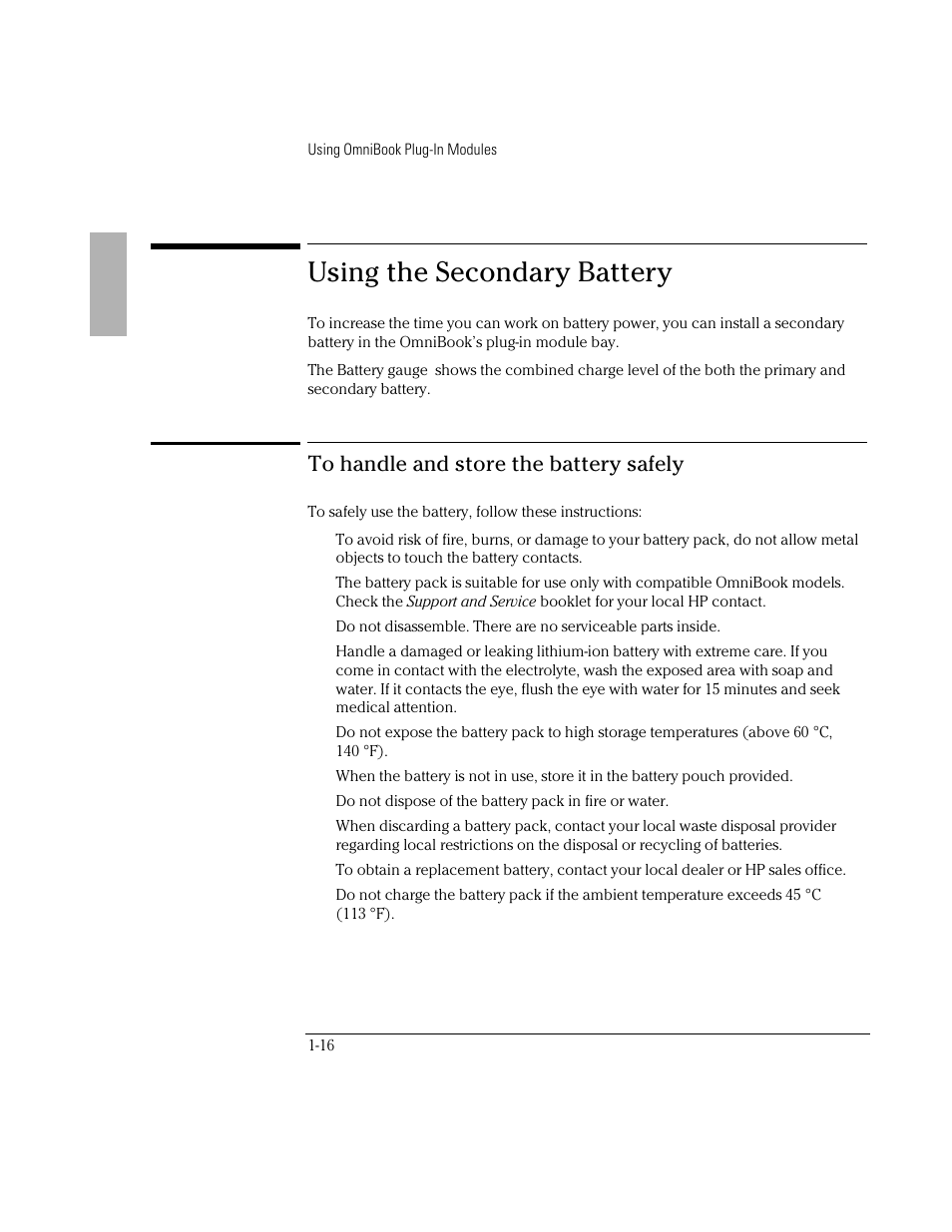 Using the secondary battery | HP OmniBook 3000 Notebook PC User Manual | Page 16 / 32