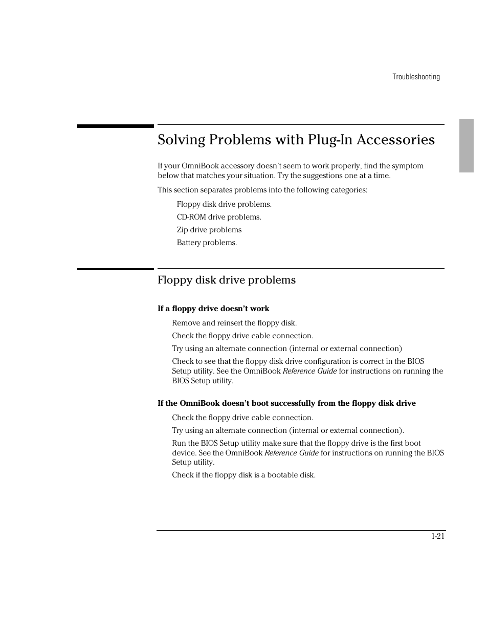 Solving problems with plug-in accessories, Floppy disk drive problems | HP OmniBook 3000 Notebook PC User Manual | Page 21 / 32