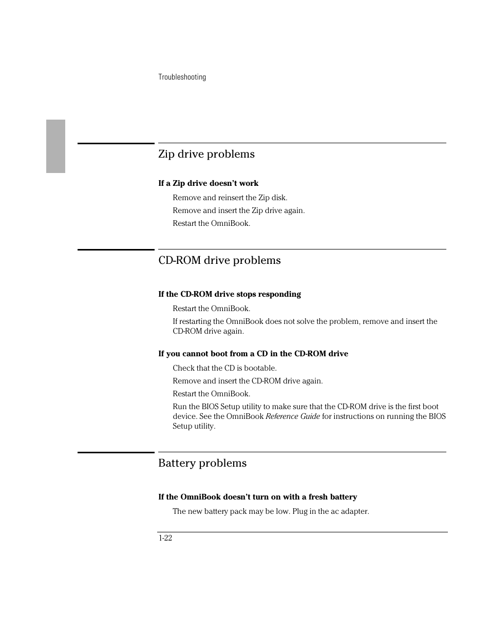 Zip drive problems, Cd-rom drive problems, Battery problems | HP OmniBook 3000 Notebook PC User Manual | Page 22 / 32
