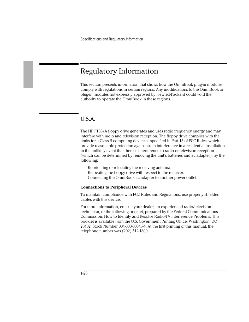 Regulatory information, U.s.a | HP OmniBook 3000 Notebook PC User Manual | Page 28 / 32