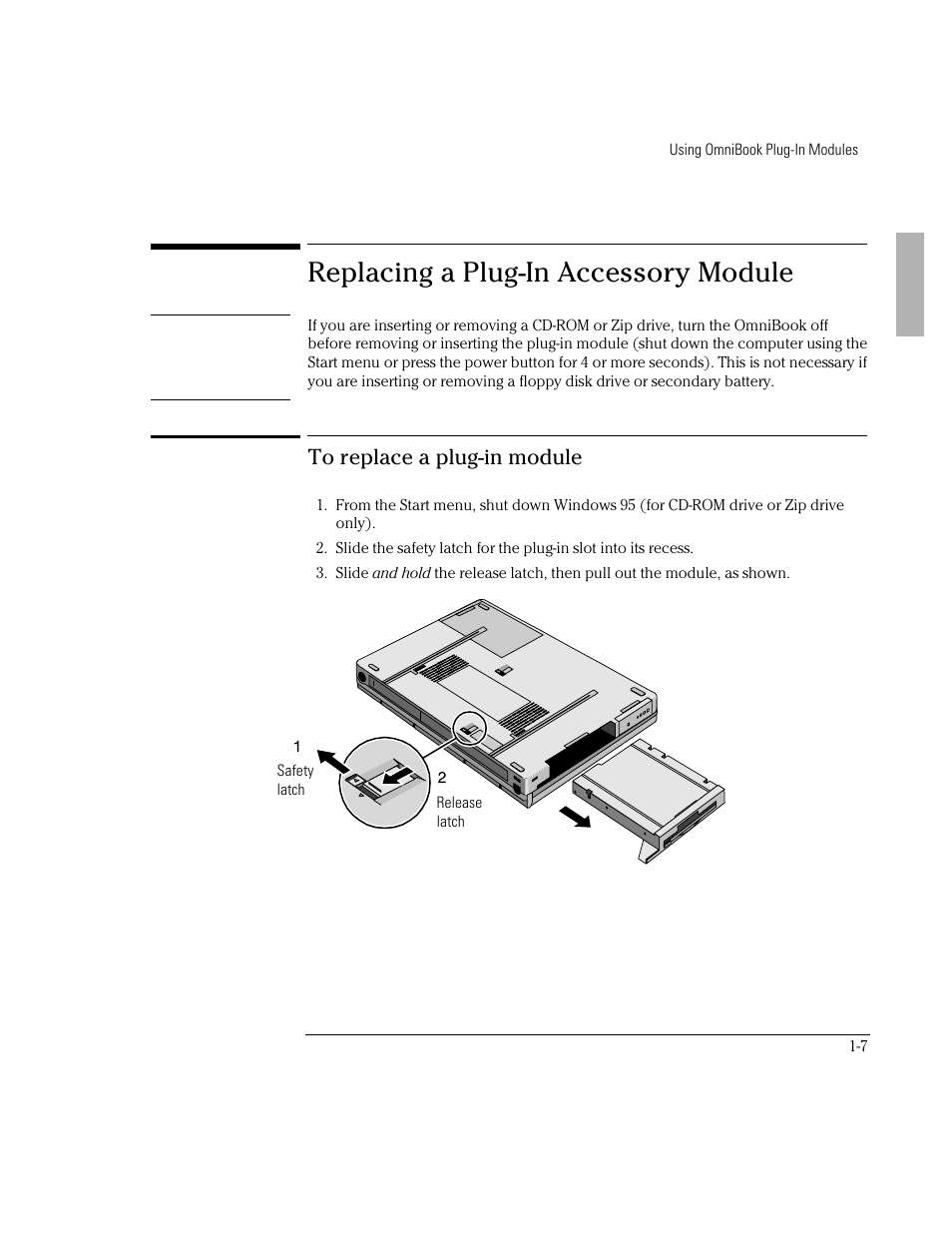 Replacing a plug-in accessory module | HP OmniBook 3000 Notebook PC User Manual | Page 7 / 32