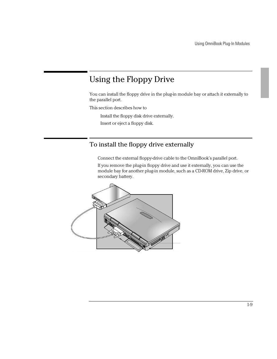Using the floppy drive | HP OmniBook 3000 Notebook PC User Manual | Page 9 / 32