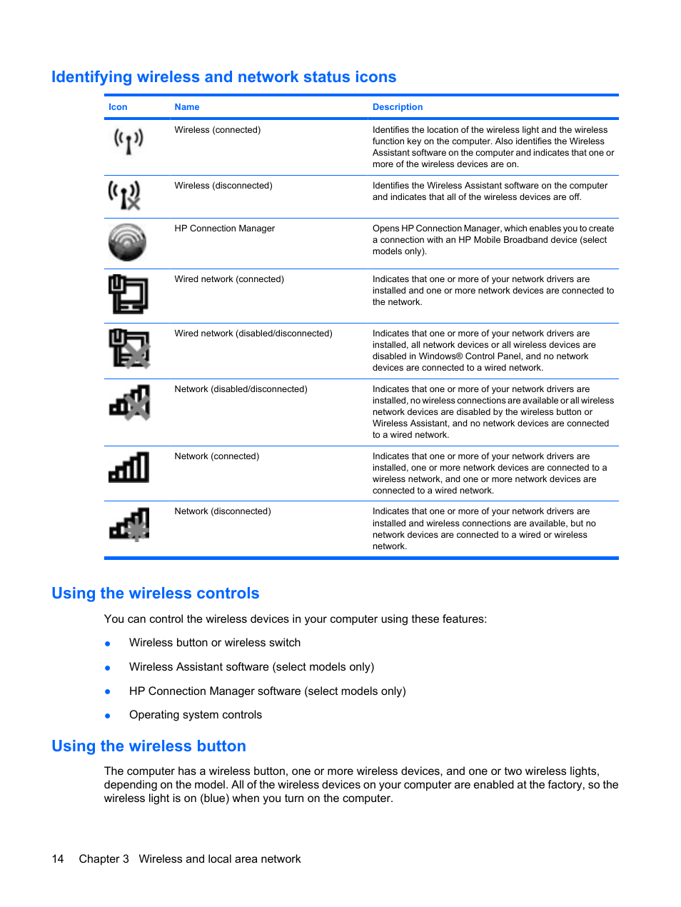 Identifying wireless and network status icons, Using the wireless controls, Using the wireless button | HP Compaq Mini 311c-1140EI PC User Manual | Page 22 / 95