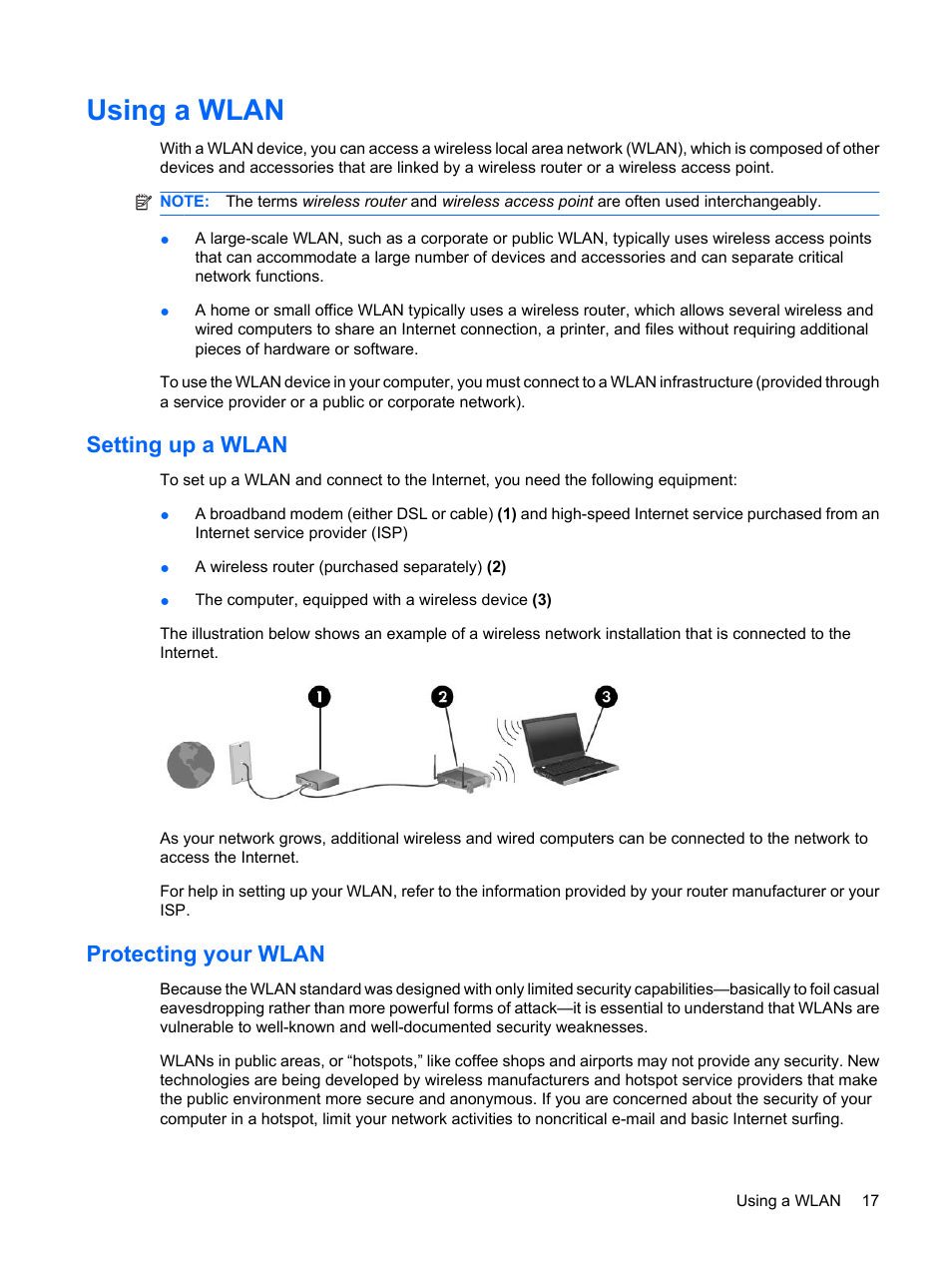 Using a wlan, Setting up a wlan, Protecting your wlan | Setting up a wlan protecting your wlan | HP Compaq Mini 311c-1140EI PC User Manual | Page 25 / 95