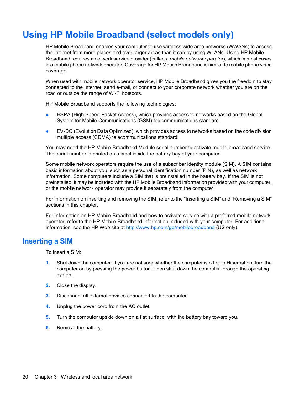 Using hp mobile broadband (select models only), Inserting a sim | HP Compaq Mini 311c-1140EI PC User Manual | Page 28 / 95