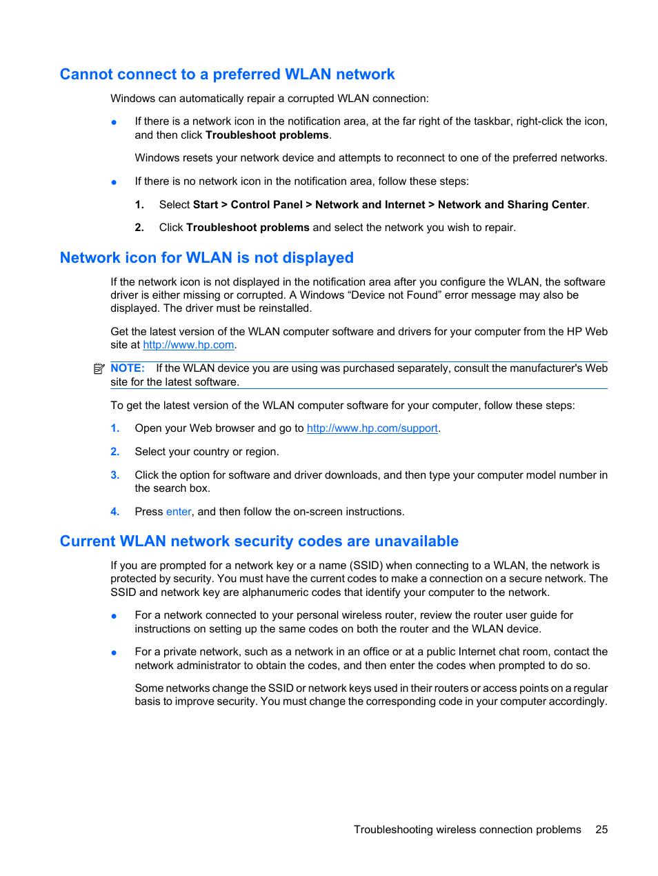 Cannot connect to a preferred wlan network, Network icon for wlan is not displayed | HP Compaq Mini 311c-1140EI PC User Manual | Page 33 / 95