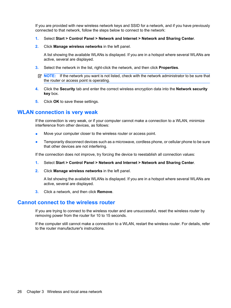 Wlan connection is very weak, Cannot connect to the wireless router | HP Compaq Mini 311c-1140EI PC User Manual | Page 34 / 95