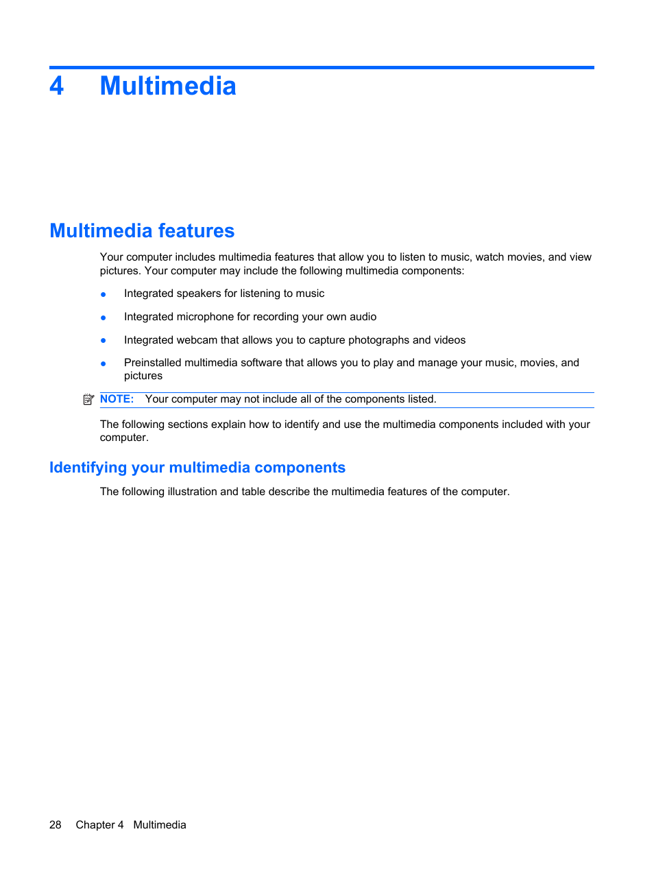 Multimedia, Multimedia features, Identifying your multimedia components | 4 multimedia, 4multimedia | HP Compaq Mini 311c-1140EI PC User Manual | Page 36 / 95