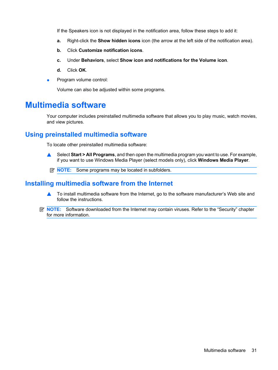 Multimedia software, Using preinstalled multimedia software, Installing multimedia software from the internet | HP Compaq Mini 311c-1140EI PC User Manual | Page 39 / 95