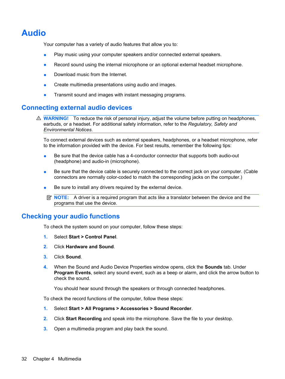 Audio, Connecting external audio devices, Checking your audio functions | HP Compaq Mini 311c-1140EI PC User Manual | Page 40 / 95