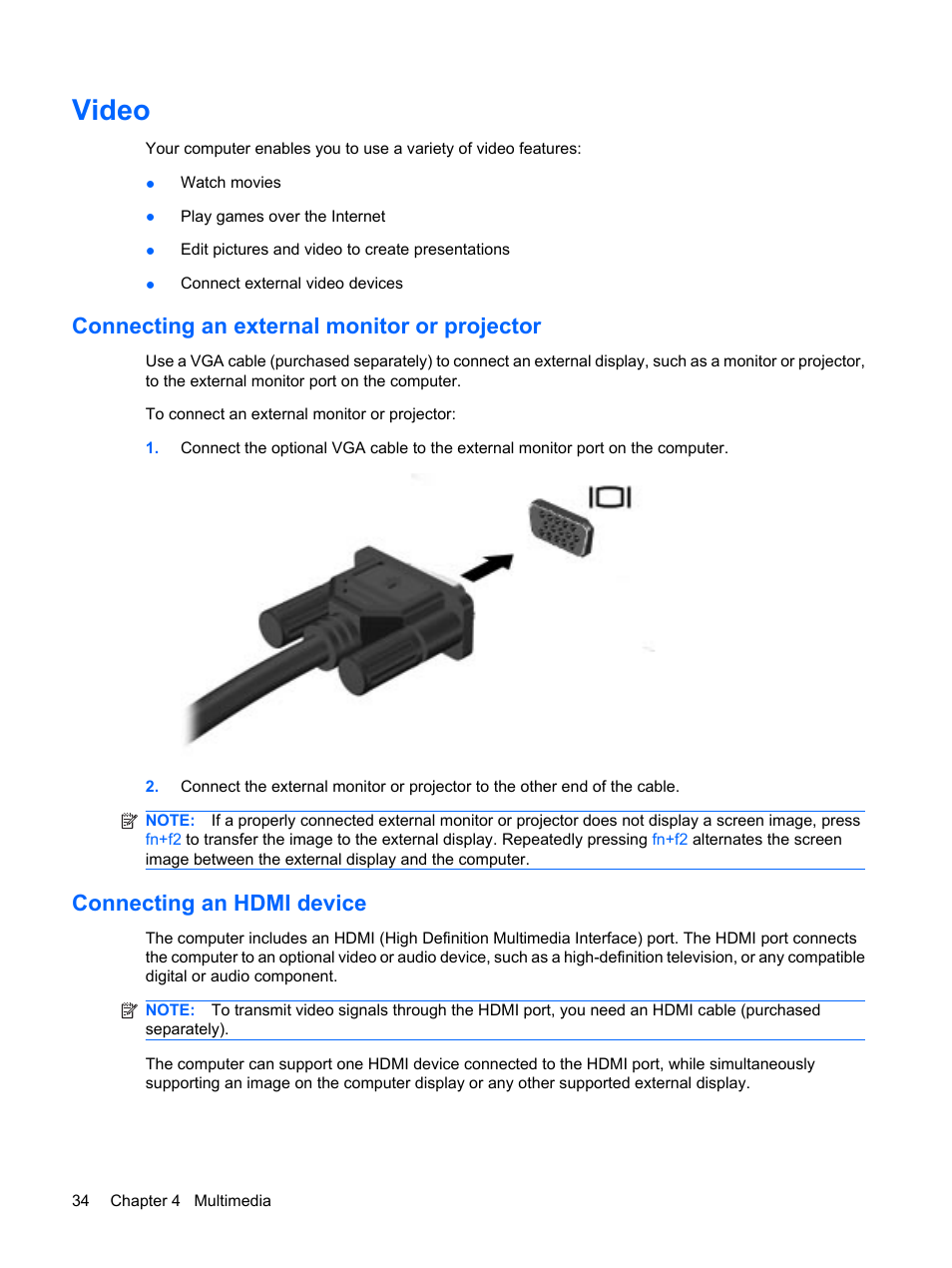 Video, Connecting an external monitor or projector, Connecting an hdmi device | HP Compaq Mini 311c-1140EI PC User Manual | Page 42 / 95